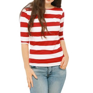 INSPIRE CHIC Women's Stripes Casual Basic Elbow Sleeves Boat Neck Slim Fit T-Shirts - 1 of 4