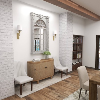 Cream Wood Windowpane Arched Wall Mirror with Distressed Finish