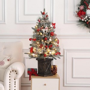 Clearance! 3 FT Pre-Lit Artificial Christmas Tree with Vintage Potted Base, Snow Flocked, Tabletop Xmas Tree - 1 of 4