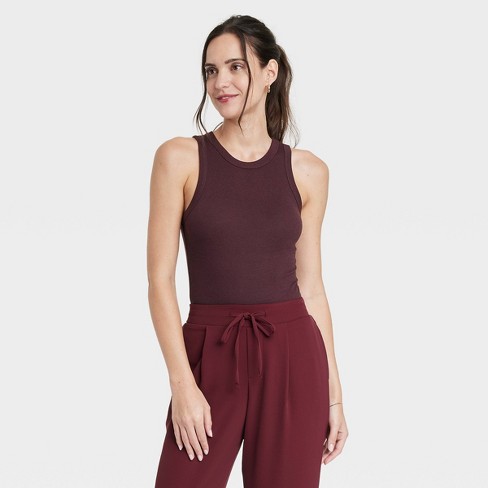Women's Slim Fit Ribbed High Neck Tank Top - A New Day™ Burgundy L