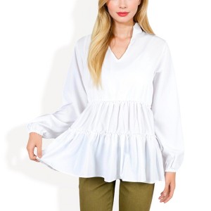Anna-Kaci Women's Long Sleeve Tiered Babydoll Blouse with V-Neck for Casual Looks - 1 of 4