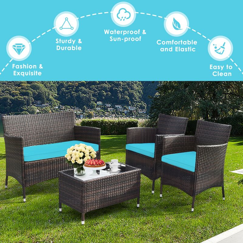 Tangkula 8 Pieces Patio Rattan Conversation Furniture Set Outdoor w/ Brown & Turquoise Cushion, 4 of 10