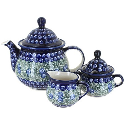 Blue Rose Polish Pottery 1700 Zaklady 3 Piece Tea Set