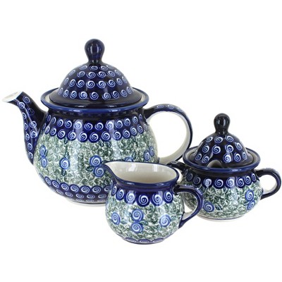 Blue Rose Polish Pottery Seaside Swirl Three Piece Tea Set