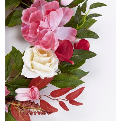 Spring/Summer Artificial Floral Grapevine Wreath with Pink and White Roses