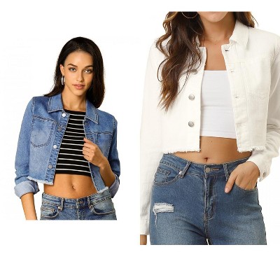 INSPIRE CHIC Women's Turn Down Frayed Button Down Washed Cropped Denim Jacket 2 Packs