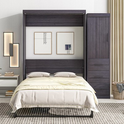 Platform Bedframe Can Be Folded Into a Cabinet,with Wardrobe and Storage Drawers, Modern Full Size Murphy Bed, Space Saving, for Guest Room Gray
