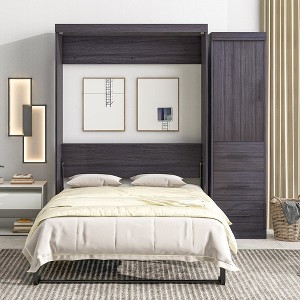 Platform Bedframe Can Be Folded Into a Cabinet,with Wardrobe and Storage Drawers, Modern Full Size Murphy Bed, Space Saving, for Guest Room Gray - 1 of 4
