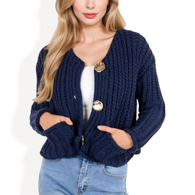 Anna-Kaci Women's Chunky Knit Cardigan with Statement Button Front and Deep Pockets