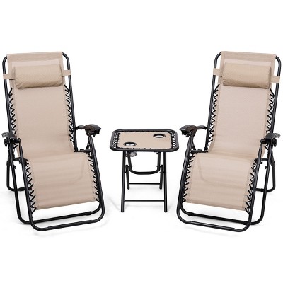 Costway 3PC Zero Gravity Reclining Lounge Chairs Pillows Table Portable Folding Beige