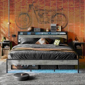 Bestier King Size Bed Frame，Metal Platform Bed with Wood Storage Headboard LED Lights and Charging Station - 1 of 4