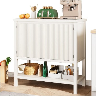 GustoWave Modern Console Table with Storage, White Entryway Cabinet with Wave Pattern Doors and Open Shelf, Wooden Buffet Sideboard Sofa Table