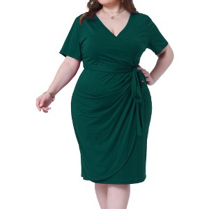 Agnes Orinda Women's Plus Size V Neck Short Sleeve Belt Tulip Hem Ruched Cocktail Wrap Dresses - 1 of 4
