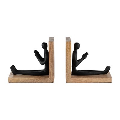 Sagebrook Home Set of 2 Reading Man Bookends - 6" Wooden and Aluminum Black and Brown Decorative Bookends for Home Office