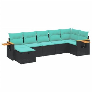 vidaXL 7 Piece Patio Sofa Set w/Cushions - Black PE Rattan, Blue Cushions, Modular Outdoor Furniture for Backyard, Terrace, Patio - 1 of 4
