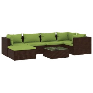 vidaXL 7 Piece Outdoor Patio Lounge Set with Cushions - Modular Design, Durable Poly Rattan Material, Light-Weight and Easy to Assemble, Brown - 1 of 4