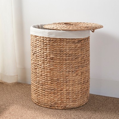 JANSNO 15" x 20" Round Woven Wicker Laundry Hamper with Lid and Removable Liner -  For Clothes, Toys, and Book Storage, Natural