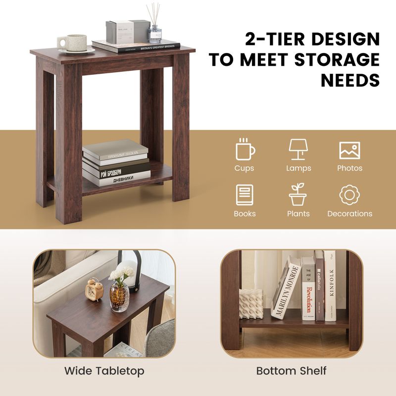 Tangkula 2pcs Wood End Table 2-tier Rectangular Side Table Home Accent Table w/ Storage Shelf Small Night Stands Sofa Side Coffee Table Mahogany/White, 4 of 8