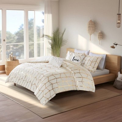 Ivory and Gold Twin Microfiber Geometric Comforter Set