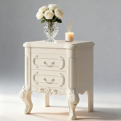 Gulches Classical White Nightstand with 2 Drawers Intricate Carved Wood, Hand-Painted Silver Edges, Solid Storage End Table