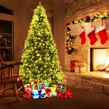 Costway 7Ft Prelit Christmas Tree, Hinged Xmas Tree with 500 Multi-Color, Warm White LED Lights, 1570 PVC Branch, 11 Lighting Modes, Metal Stand