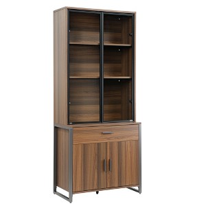 77'' Display Bookshelf with Glass Door and Storage Cabinets,Walnut & Gray,17.4"D x 32.99"Wx 77.17"H - 1 of 4