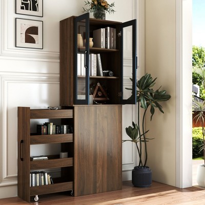 Lycvki 70.87" H Display Storage Cabinet Bookshelf with 4 Tier Pull-out storage shelf and 2 Glass Doors