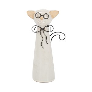 Sagebrook Home Cat with Glasses Sculpture - Contemporary Ceramic White Cat Statue with Black and Beige Accents for Home - 1 of 4