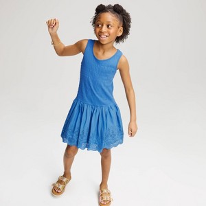 Girls' Drop Waist Eyelet Bubble Hem Dress - Cat & Jack Blue XS
