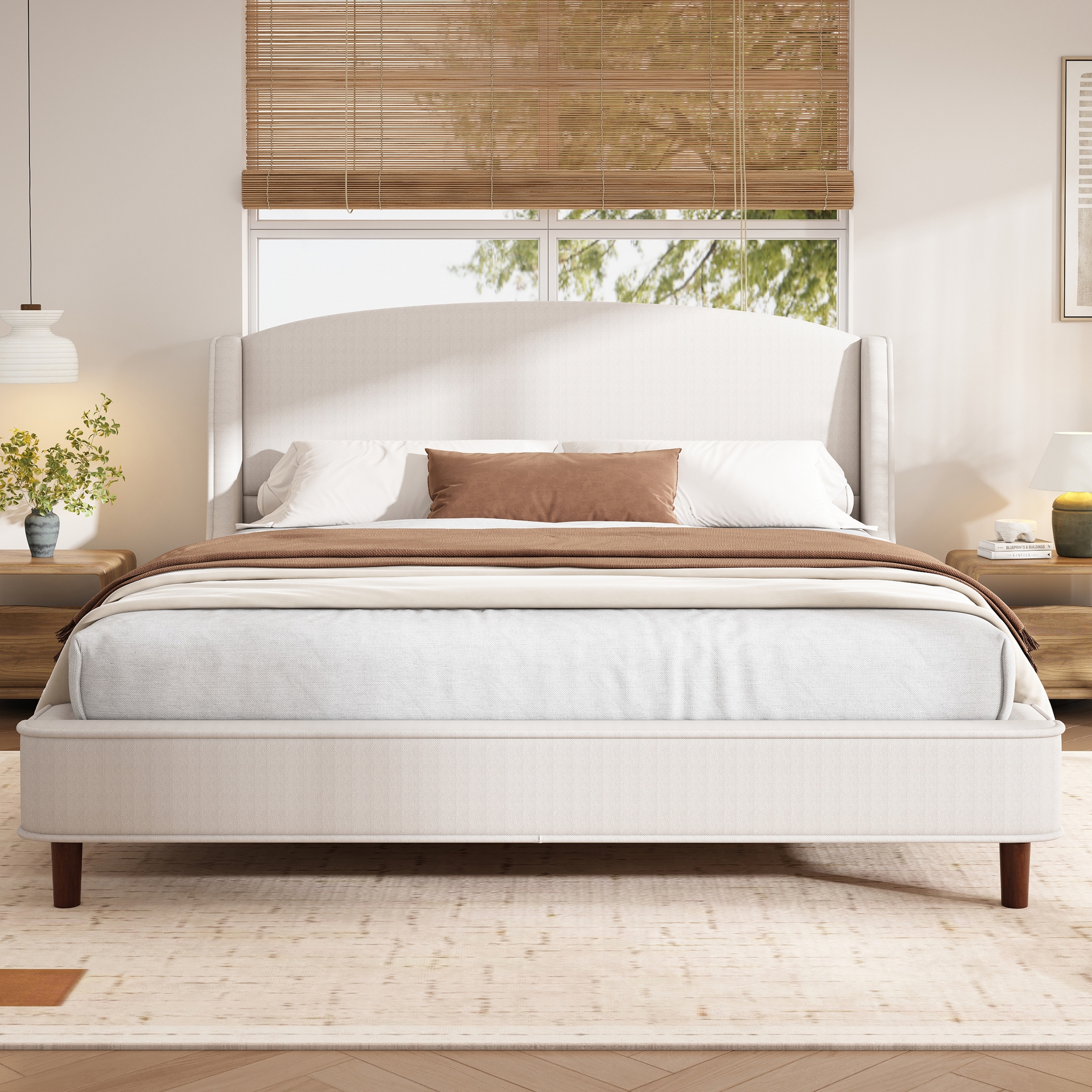 Christopher Knight Home Kristy Upholstered Platform Bed with Wingback Headboard, Beige, California King