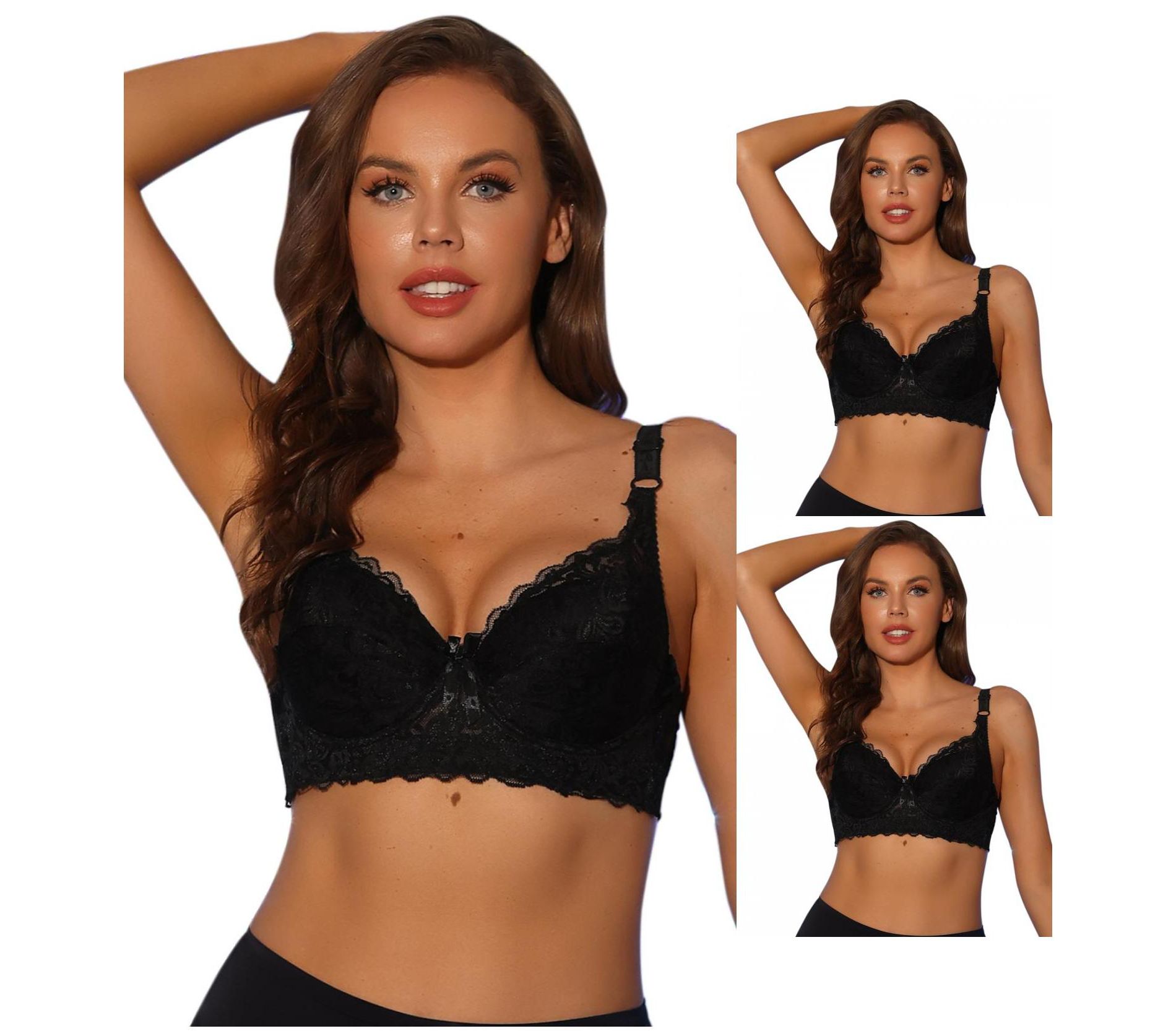 INSPIRE CHIC Women's Breathable Underwired Lace Fixed Adjustable Straps Push-up 3/4 Cup Bralettes 3 Packs 3 Black 40D