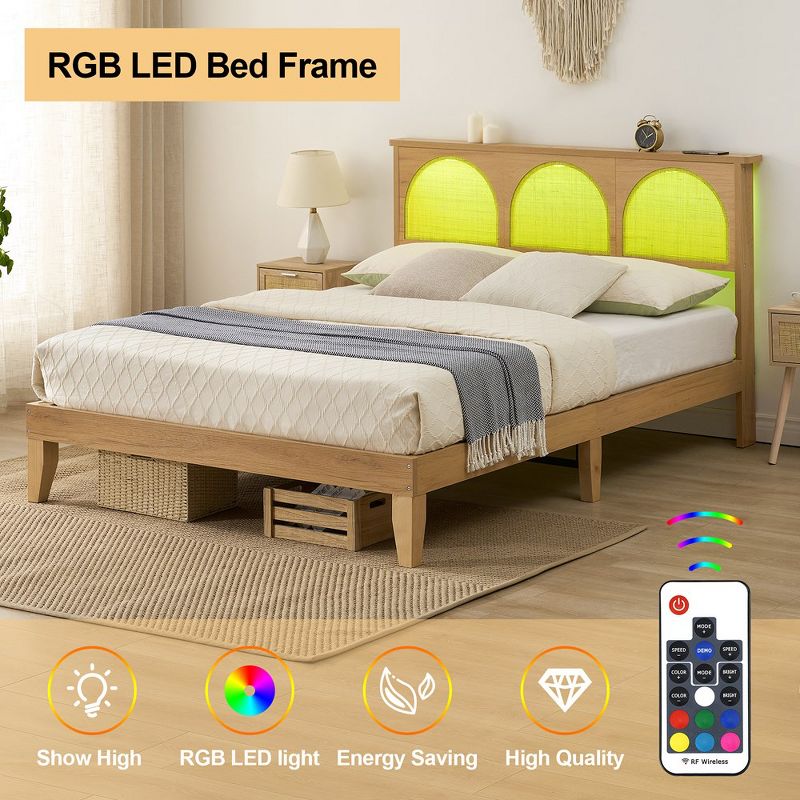 Whizmax Bed Frame with LED Lights & Curved Rattan Headboard & Wooden Support Legs, No Box Spring Needed, Easy Assembly, 4 of 8
