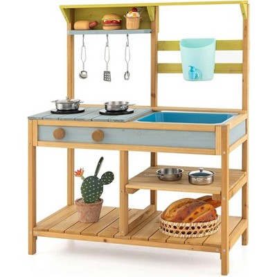 Costzon Wooden Kids Mud Kitchen, Outdoor Play Kitchen with Removable Sink, Water Box, Faucet, Stove & Shelves, Backyard Set for Ages 3+ (Blue)