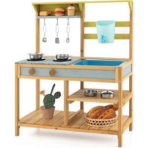 Costzon Wooden Kids Mud Kitchen, Outdoor Play Kitchen with Removable Sink, Water Box, Faucet, Stove & Shelves, Backyard Set for Ages 3+ (Blue) - 1 of 4