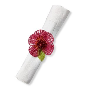TAG Fuchsia Beaded Flower Napkin Ring Set of 4 Spring Summer Table Decor 2x3.5x2 Inches Wipe Clean - 1 of 2