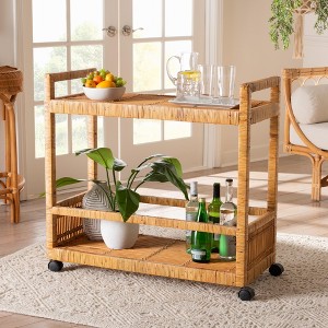 bali & pari Genet Modern Bohemian Natural Brown Rattan and Teak Wood 2-Tier Kitchen Cart - 1 of 4