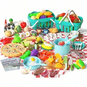 150Pcs Kitchen Playset, Food, Picnic Blanket, Fruits, Veges, 2Pack Baskets, Dessert, Prop Money, Gift - 1 of 4