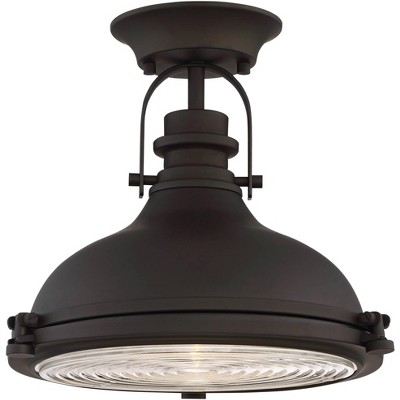 Bronze Dome 14" Industrial Semi-Flush Mount with Clear Ribbed Glass