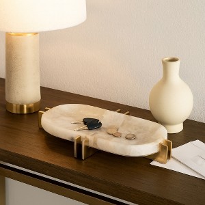 House Decor Tray for Bed or Coffee Table - Elegant Oval Marble Tray with Metal Frame for Centerpiece Table Decoration - 14" White & Gold - 1 of 4