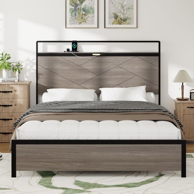 NicBex Full/Queen/King Industrial Style Bed Frame with Storage Headboard & 2 USB,Modern Platform Bed for Bedroom,No Box Spring Needed