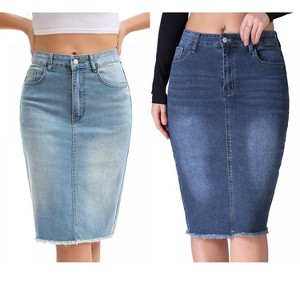 INSPIRE CHIC Women's Raw Hem High Waisted Pockets Stretch Knee Length Jean Denim Skirt 2 Packs - 1 of 4