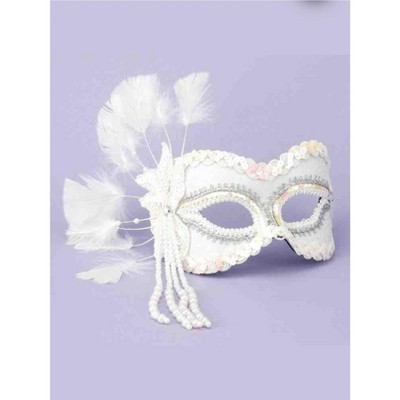 Forum Novelties White Masquerade Mask with Beads & Feathers