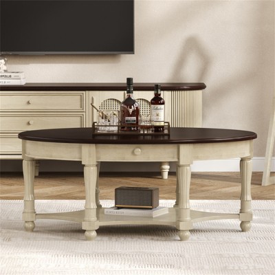 RISOKEYS 45" Vintage Oval Coffee Table - Oval Coffee Table with Drawer and Storage Shelf, Antique Cocktail Table for Living Room