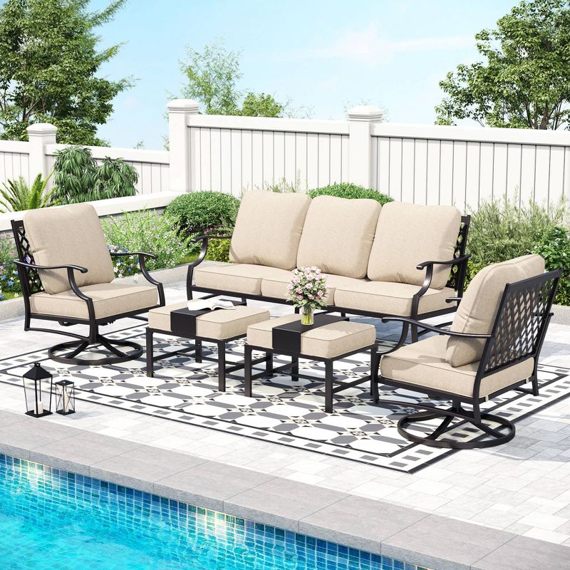 Captiva Designs 5pc XL Metal Outdoor Conversation Set with Swivel Chairs and Ottomans Beige, 1 of 11