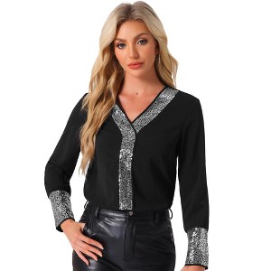 Allegra K Women's Sequin V Neck Long Sleeve Casual Lightweight Blouse - 1 of 4