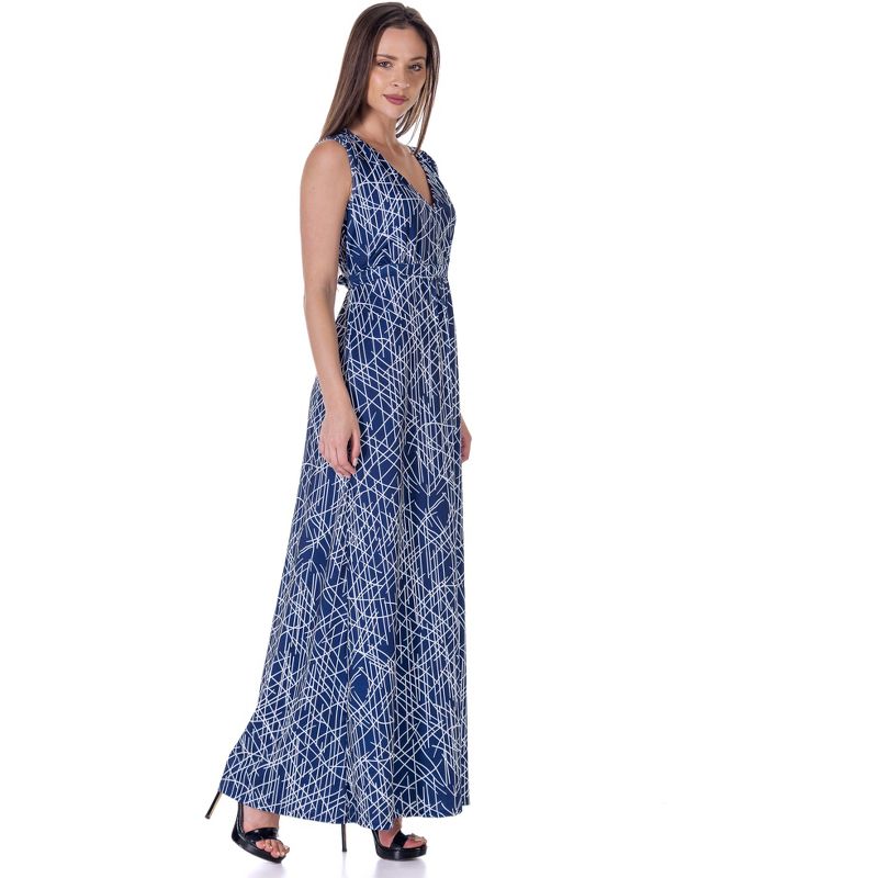 24seven Comfort Apparel Womens Navy Abstract  Print V Neck Empire Waist Sleeveless Maxi Dress, 2 of 9