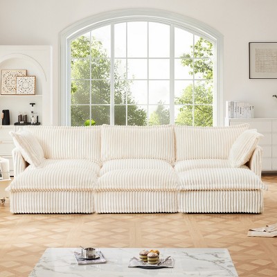 Slipcovered Sectional Sofa, 3 Seater Sofa with Removable Cover, Sofa Couch with Ottoman, Corduroy Fabric Sectional Sofas-Cuddlewood