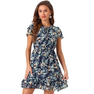 INSPIRE CHIC Women's Ruffle Sleeve Self-Tie V Neck Mini A-Line Floral Dress - 1 of 4