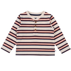 RuggedButts Little Boys Knit Long Sleeve Henley Tee - Heather Oatmeal & Rust Stripe, 7 - 1 of 4
