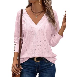 Women Dressy Casual Tops V Neck Long Sleeve Buttons Hollow Out Lace Embroidered Blouses Shirts Elegant Boho Top - 1 of 4